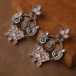 VENI Silver-Plated Artificial Stone Studded Floral Oxidised Drop Earrings-19