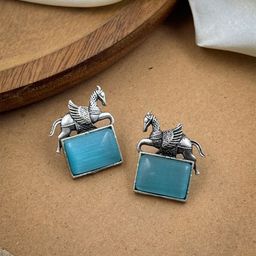 NAMAN ARTS Silver-Plated Oxidised Artificial Stones Studded Animal Shaped Studs-12