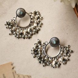 NAMAN ARTS Silver-Plated Artificial Stones Studded & Pearls Beaded Oxidised Drop Earrings-18