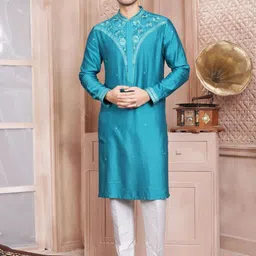 EVASTRO Ethnic Motifs Embroidered Regular Pure Silk Straight Kurta with Pyjamas-image-9