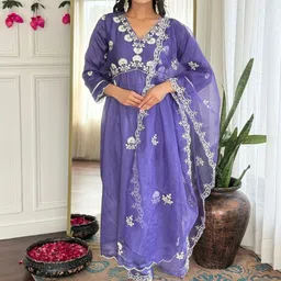 Navlik Floral Embroidered V-Neck Thread Work A-Line Kurta With Trousers And Dupatta-picture-48
