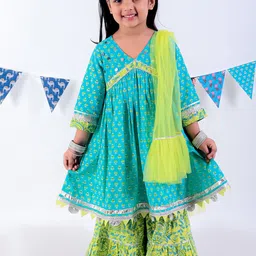LIL DRAMA Girls Floral Printed Regular Mirror Work Pure Cotton Kurta with Sharara & With Dupatta-picture-14