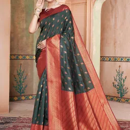 Mitera Ethnic Motifs Zari Silk Blend Kanjeevaram Saree-image-51