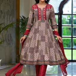 Juniper Ethnic Motifs Printed Notch Neck Thread Work A-Line Kurta With Trousers & Dupatta image 4