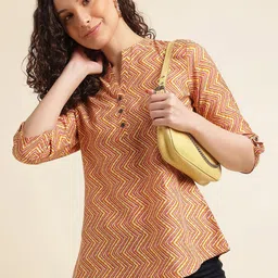 all about you Embellished Print Mandarin Collar Roll-Up Sleeves Top-image-40