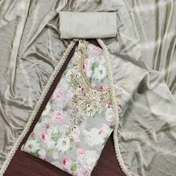 SHADOW & SAINING Floral Printed Beads And Stones Semi-Stitched Dress Material-image-21