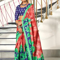 PEENGAX Floral Printed Pure Cotton Block Print Saree with Blouse Piece-picture-4