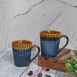 Myntra Elegant Homes Set of 2 Mustard & Blue Ceramic Printed Taper Coffee Mugs - 325 ml-51