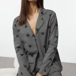 Trendyol Women Printed Pure Cotton Lapel Collar Night Suit-image-56