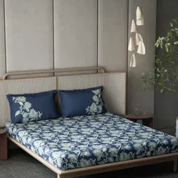DDecor Blue & Green Floral 145 TC Cotton Queen Bedsheet With 2 Pillow Covers-image-99