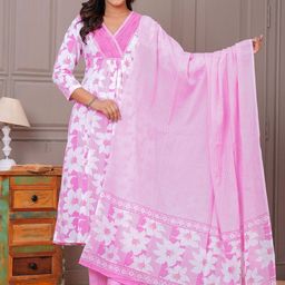 KALINI Women Floral Yoke Design Beads and Stones Pure Cotton Kurta with Trousers & Dupatta-picture-9