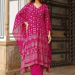 Janasya Women Ethnic Motifs Foil Printed V-Neck Georgette Kurta With Palazzos-picture-17