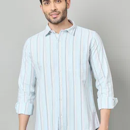 Duke Men Slim Fit Vertical Striped Spread Collar Cotton Casual Shirt-picture-0