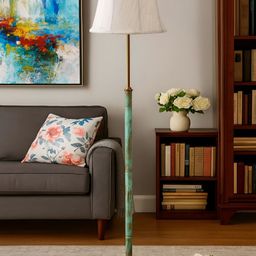 Devansh Off White & Green Wooden & Cotton Frustum Shaped Floor Lamp-picture-10