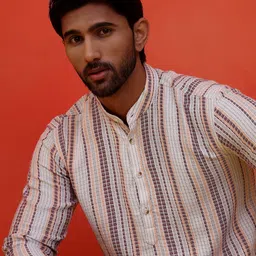 Jompers Striped Band Collar Long Roll-Up Sleeves Straight Kurta-image-50