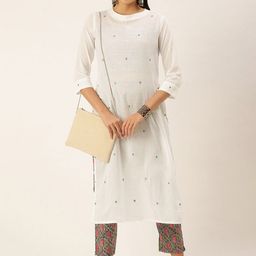 Fourleaf Geometric Embroidered Round Neck Pure Cotton Straight Kurta with Trousers-image-45