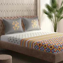 STELLAR HOME Marigold Plus Grey Ethnic Motifs Printed 104 TC Bedsheet Set 2.74 m x 2.74 m-picture-0
