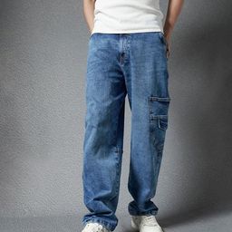 VOLTEDGE Men Premium Cotton Stretch Indigo Loose Fit Pocket Denim Cargo-image-51
