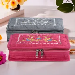 Aura Grey and Pink 2 Pieces Embroidered 7-Compartments Jewellery Organisers-27