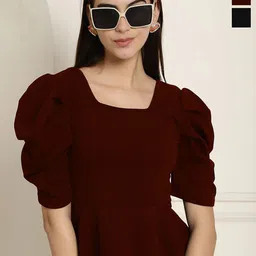 Metronaut Women Pack Of 2 Square Neck Puff Sleeves Peplum Top-image-51
