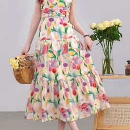 LULU & SKY Women Floral Print Tiered A-Line Shoulder Straps Midi Dress-image-74