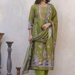 Sangria Floral Printed Keyhole Neck Muslin Straight Kurta With Trouser & Dupatta-picture-38