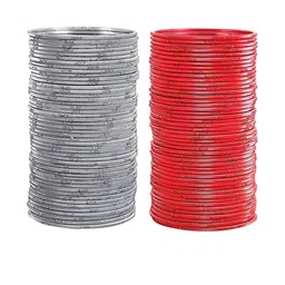 Guddan Set of 96 Grey & Red Glitter Metal Bangles-56