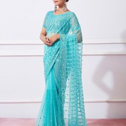 ODETTE Sky Blue Net Embroidered And Mirror Work Saree With Unstitched Blouse For Women-picture-20