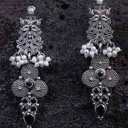 Sangria Silver-Plated Artificial Beaded Classic Shaped Oxidised Drop Earrings-8