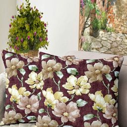 Blue Grass Maroon & Brown 2 Pieces Floral Printed Velvet Square Cushion Covers-23