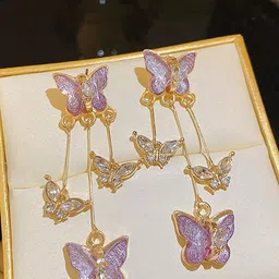 FIMBUL Gold-Plated Artificial Stones Studded Butterfly Drop Earrings-16