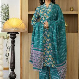 SKYLEE Floral Printed V-Neck Straight Kurta With Trousers & Dupatta-image-56