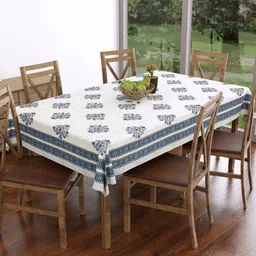 BLOCKS OF INDIA White & Grey Printed Cotton 6-Seater Table Cover-45