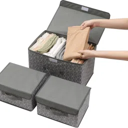 house of quirk Polyester 3 Pack Foldable Storage Bin with Lid and Handle-Grey Cube Storage Basket image 2