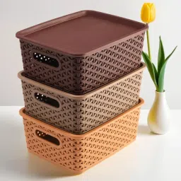 Plastic easypocket Multipurpose Plastic Storage Baskets with Lid – Set of 3 Storage Basket-image-86