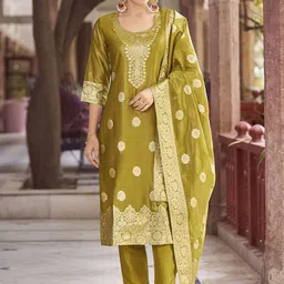 KALINI Women Woven Straight Silk Blend Kurta with Trousers & With Dupatta-43