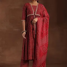 Libas Bandhani Printed Pleated Gotta Patti A-Line Kurta With Trouser & Dupatta-image-39