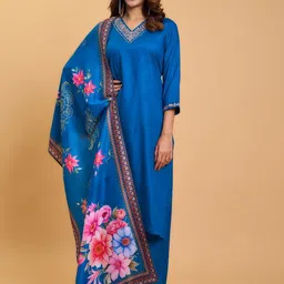 RUNAYA NX Floral Yoke Design V-Neck Straight Kurta With Trousers And Dupatta-image-53