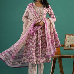 Sangria Floral Printed Sequinned Pure Cotton Straight Kurta With Trouser & Dupatta-25