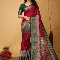 Panzora Kalamkari Printed Zari Bandhani Saree With Unstitched Blouse Piece-image-59