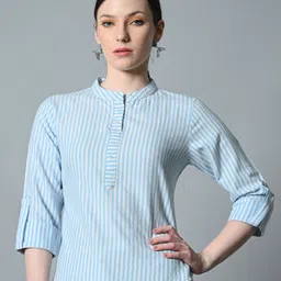 CORSICA Striped Mandarin Collar Roll-Up Sleeves Shirt Style Top-picture-5