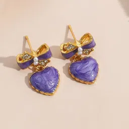 FIMBUL Gold-Plated Stones Studded & Pearls Beaded Heart & Bow Shaped Drop Earrings-79