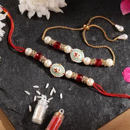 Sangria Stone Studded & Beaded Bhai Bhabhi Thread Rakhis With Roli Rice & Greeting Card-image-42