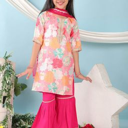 Here&Now X Kinder Girls Floral Printed Zari Straight Kurta With Sharara And Dupatta-image-12