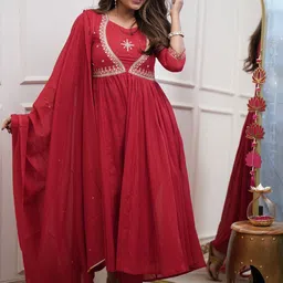 DEVATITHI Women Red Muslin Cotton Kurti Pant Dupatta-picture-26