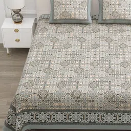 ATARAH Grey & White Ethnic Motifs 144 TC Queen Bedsheet with 2 Pillow Covers-picture-34