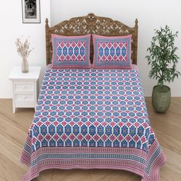 Desi Mantra White & Blue Floral 120 TC Queen Bedsheet with 2 Pillow Covers-image-71