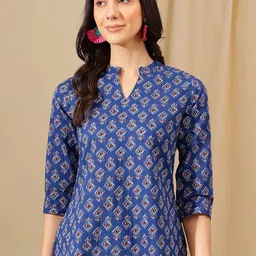 KALINI Floral Print Mandarin Collar Cotton Top-image-60