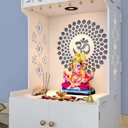 homscape Divine Om Chakra Wooden White Pooja Mandir With Spacious Shelf & Inbuilt Focus Light image 2