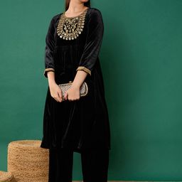 Noh.Voh - SASSAFRAS Kids Girls Floral Embroidered Sequinned Velvet Kurti With Trouser-picture-51